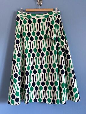 Anthropologie Evan Franco Green & Navy Spoon Patterned A-Line Skirt